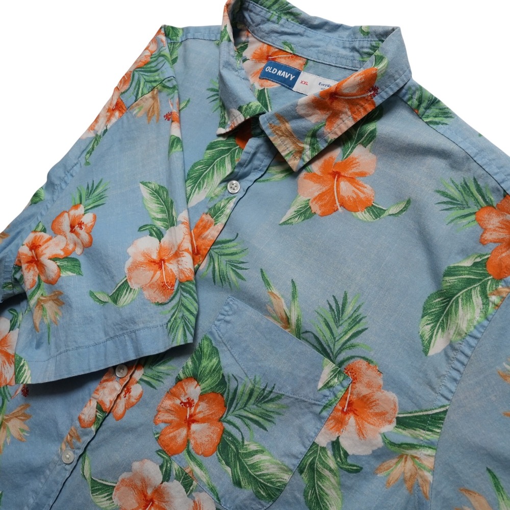 Old Navy Hawaiian Shirt Mens XXL Blue Hibiscus Floral Built In Flex Aloha